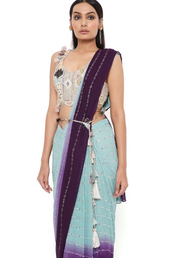 PS-SR0032  Niya Off White Georgette Embroidered Choli With Powder Blue And Purple Shaded Sequins Georgette Pre-Stiched Saree