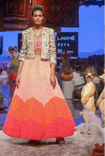 PS-FW672 Noa Chalk White Georgette Jacket with Neon Pink Georgette Bustier and Ombre Lehenga