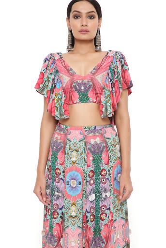PS-TS0016  Noelle Red Enchanted Print Crepe Embroidered Top With Frill Hem Skirt