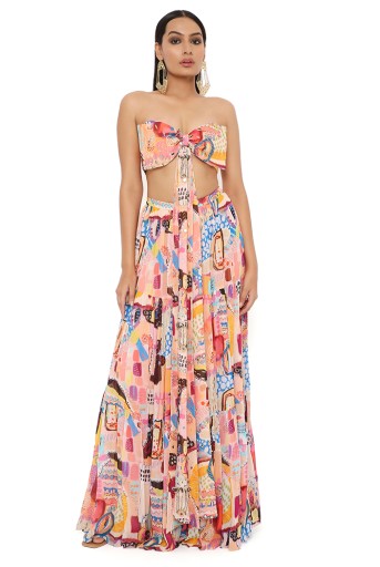 PS-CS0035-1  Nora Trance Print Art Georgette Bustier With Attached Embroidered Bow And Skirt