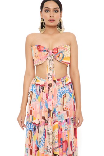 PS-CS0035-1  Nora Trance Print Art Georgette Bustier With Attached Embroidered Bow And Skirt