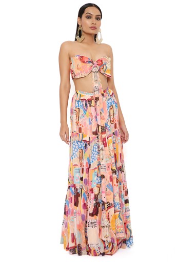 PS-CS0035  Nora Trance Print Art Georgette Bustier With Attached Embroidered Bow And Skirt
