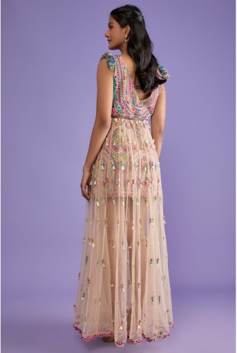 PS-DR0029  Nude Embroidered Dress With Overlay Tulle Skirt