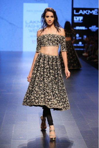 PS-FW415 Nusrat Black Dupion Silk Choli and Skirt with soft Net Churidar