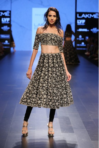 PS-FW415 Nusrat Black Dupion Silk Choli and Skirt with soft Net Churidar