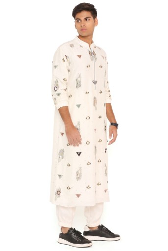 PS-MN405  Off White Abla Silk Embroidered Bomber Kurta With Jogger Pant