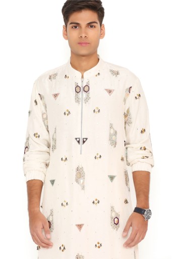 PS-MN405  Off White Abla Silk Embroidered Bomber Kurta With Jogger Pant