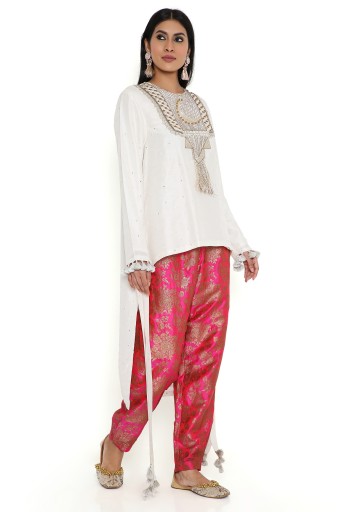 PS-KP0214-A  Off-White Abla Silk Embroidered High Low Kurta With Hot Pink Brocade Constructed Pant