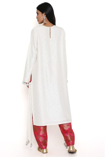 PS-KP0214-A  Off-White Abla Silk Embroidered High Low Kurta With Hot Pink Brocade Constructed Pant