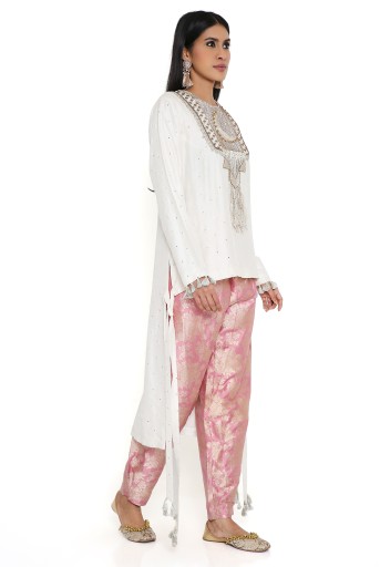 PS-KP0214-B-1 Off-White Abla Silk Embroidered High Low Kurta With Rose Pink Brocade Constructed Pant