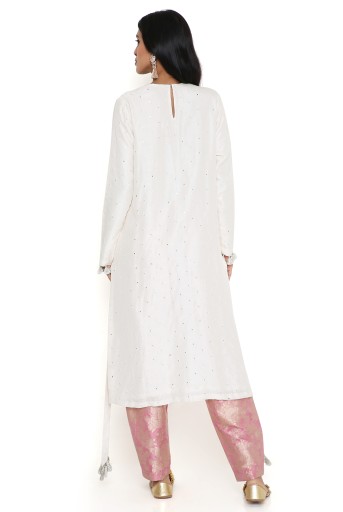 PS-KP0214-B-1 Off-White Abla Silk Embroidered High Low Kurta With Rose Pink Brocade Constructed Pant