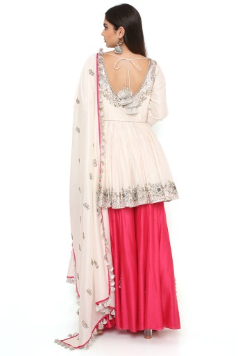PS-KS0011-C  Off White Anarkali With Hot Pink Sharara And Offwhite Dupatta