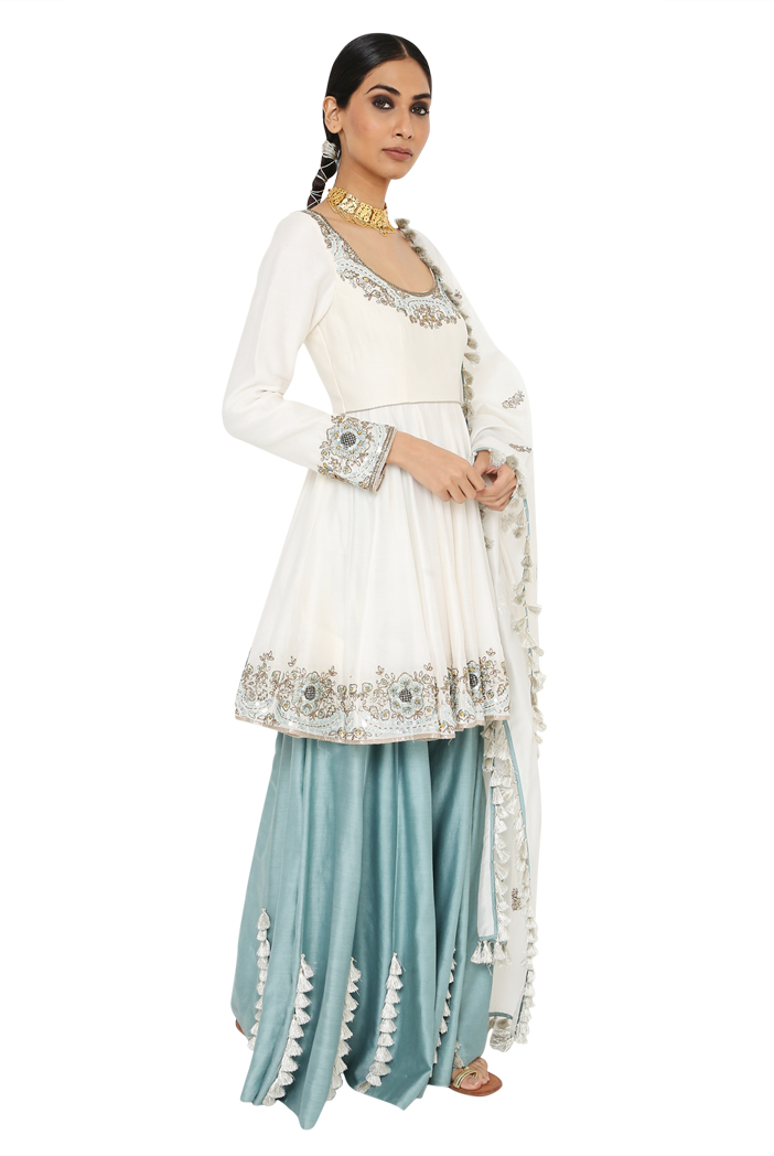 Short Anarkali in Pastel Blue & floral embroidery - Elwa Saleh | Beautiful  blouses, Anarkali suit, Short anarkali suits