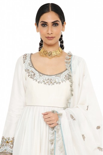 PS-KS0011-A Najma Off White Colour Embroidered Short Anarkali With Blue Colour Sharara And Off White Colour Dupatta