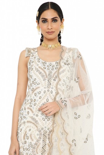 PS-KP0094 Afra Off White Colour Georgette Embroidered Kurta With Sharara And Net Dupatta