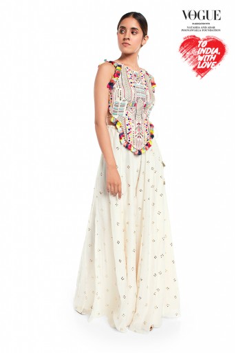 PS-FW719-A  Off White Colour Georgette Tie-Up Choli with Mukaish Silkmul Sharara