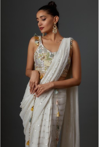 PS-SR0043-A  Off White Embroidered Choli With Sequins Saree