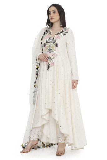 PS-AK0011  Off-White Embroidered High-Low Anarkali With Embroidered Churidar With Dupatta