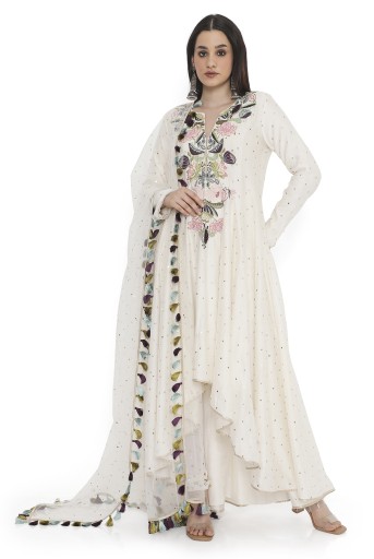 PS-AK0011  Off-White Embroidered High-Low Anarkali With Embroidered Churidar With Dupatta