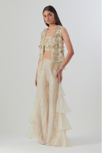 PS-JK0111  Off-White Embroidered Jacket With Bustier And Tissue Pant With Side Ruffles