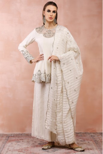 PS-KP0270  Off White Embroidered Kurta With Palazzo And Dupatta