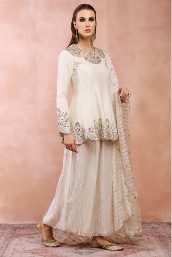 PS-KP0270  Off White Embroidered Kurta With Palazzo And Dupatta