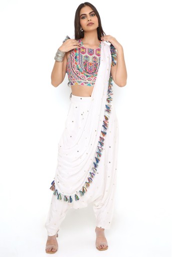 PS-TL0014-D  Off White Georgette Embroidered Choli And Mukaish Silk Low Crotch Pant With Attached Drape