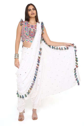 PS-TL0014-D  Off White Georgette Embroidered Choli And Mukaish Silk Low Crotch Pant With Attached Drape