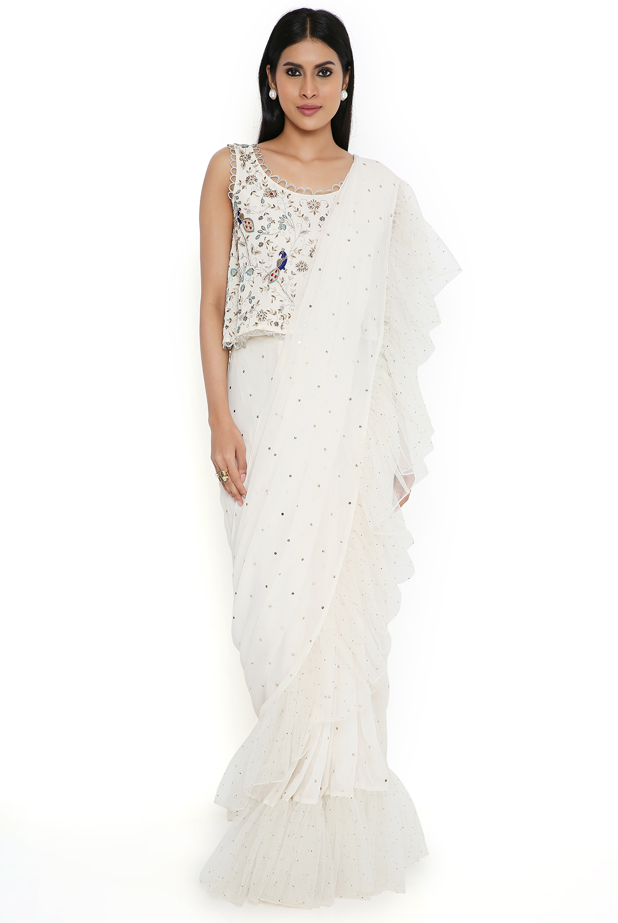 Anjaneya Sarees Women's Net Frill Ruffle Saree with Blouse Piece (Beige) :  Amazon.in: Fashion