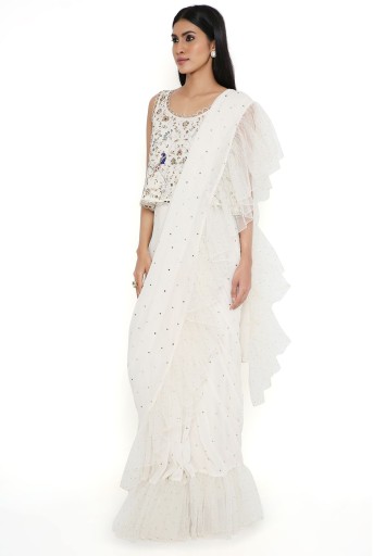 PS-SR0013-F-1  Off-White Georgette Embroidered Choli With Muakish Georgette Net Frill Saree