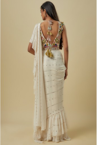PS-SR0099 Off-White Georgette Embroidered Choli With Off-White Line Mukash Georgette Saree With Attached Embroidered Belt.