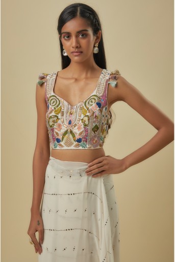 PS-SR0099 Off-White Georgette Embroidered Choli With Off-White Line Mukash Georgette Saree With Attached Embroidered Belt.