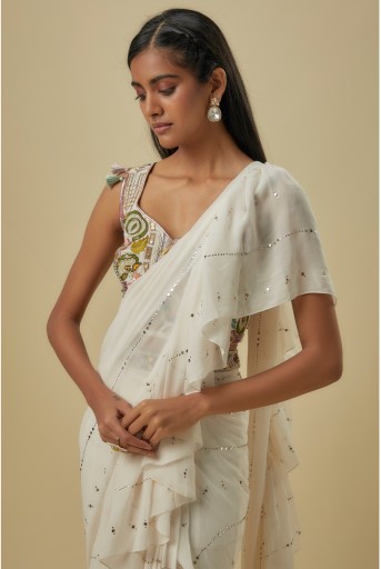 PS-SR0099 Off-White Georgette Embroidered Choli With Off-White Line Mukash Georgette Saree With Attached Embroidered Belt.