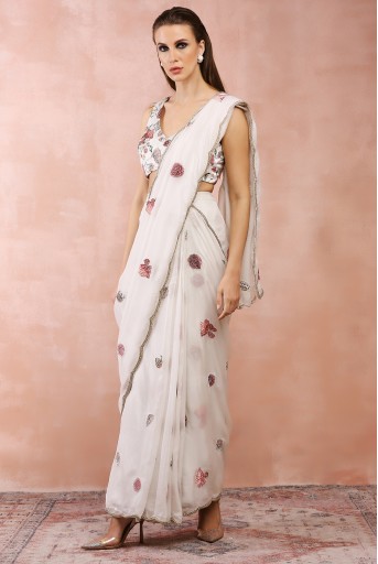 PS-SR0049  Off White Gulbagh Embroidered Choli With Pre-Stitched Saree