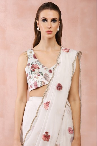 PS-SR0049  Off White Gulbagh Embroidered Choli With Pre-Stitched Saree