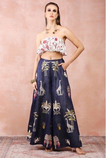 PS-PT0097  Off White Ruffle Bustier With Denim Embroidered Wide Leg Pants