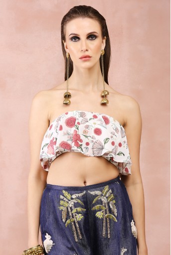 PS-PT0097  Off White Ruffle Bustier With Denim Embroidered Wide Leg Pants