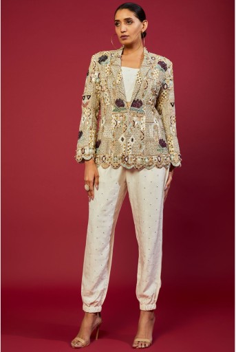 PS-JK0059-B  Offwhite Georgette Embroidered Blazer With Abla Silk Bustier And Jogger Pant
