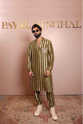PS-MN436  Olive Embroidered Bomber Kurta With Jogger Pant