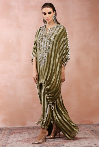 PS-KP0268  Olive Embroidered High Low Kaftan With Jogger Pant