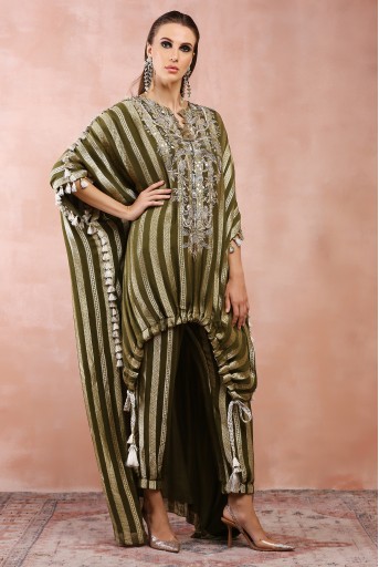 PS-KP0268  Olive Embroidered High Low Kaftan With Jogger Pant
