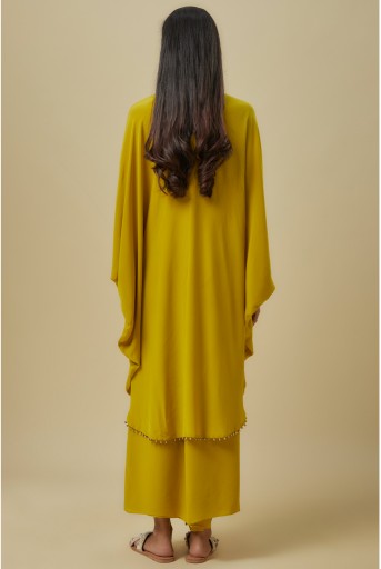 PS-KP0384-F Olive Green Crepe Embroidered Yoke Kaftan With Georgette Pants.