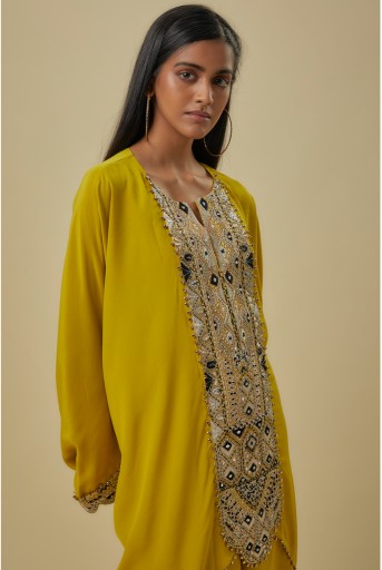 PS-KP0384-F Olive Green Crepe Embroidered Yoke Kaftan With Georgette Pants.