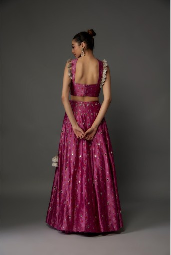 PS-LH0077-C-1  Onion Pink Bandhani Silk Bustier And Embroidered Lehenga With Marron Organza Dupatta
