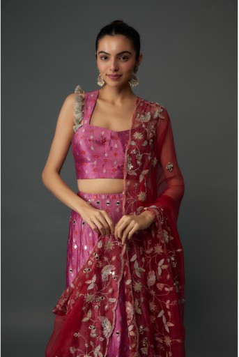 PS-LH0077-C-1  Onion Pink Bandhani Silk Bustier And Embroidered Lehenga With Marron Organza Dupatta