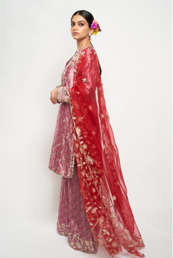 PS-KP0144  Onion Pink Colour Bandhani Silk Embroidered Kurta And Palazzo With Deep Red Colour Embroidered Dupatta