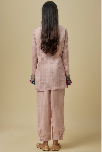 PS-KP0407-B Onion Pink  Stripes Chanderi Embroidered Yoke Short Kurta And Jogger Pants With Mukaish Net Dupatta.