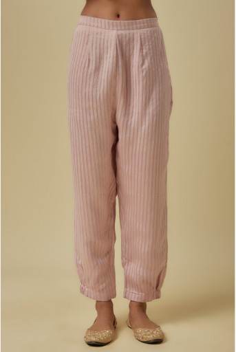 PS-KP0407-B Onion Pink  Stripes Chanderi Embroidered Yoke Short Kurta And Jogger Pants With Mukaish Net Dupatta.