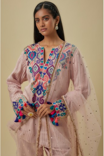 PS-KP0407-B Onion Pink  Stripes Chanderi Embroidered Yoke Short Kurta And Jogger Pants With Mukaish Net Dupatta.