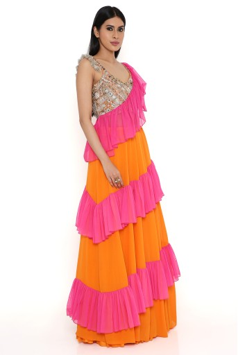 PS-LH0073-A  Orange Georgette Embroidered Choli With Georgette Lehenga And Hot Pink Soft Net Frills